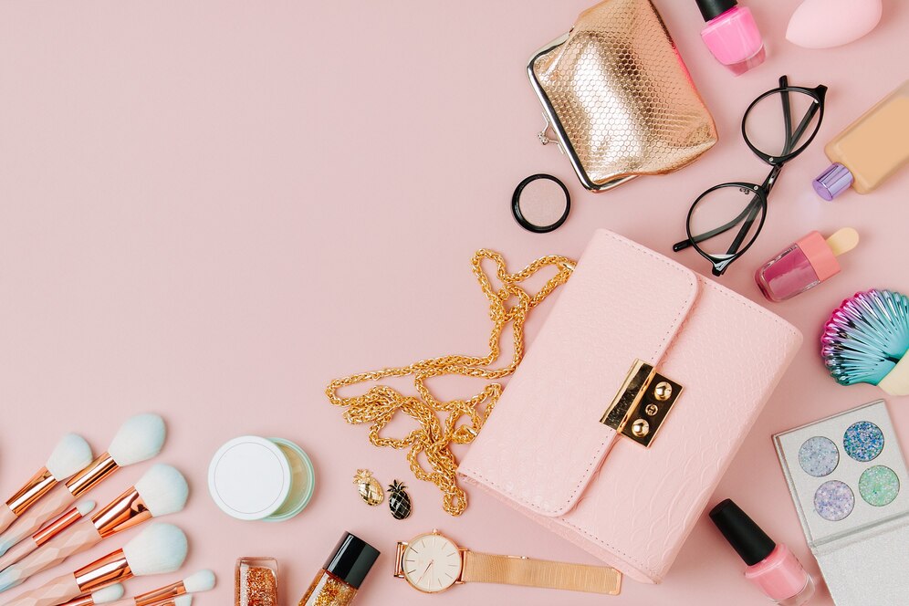 fashion accessories beauty products lifestyle flat lay handbag sunglasses perfume cosmetics gifts